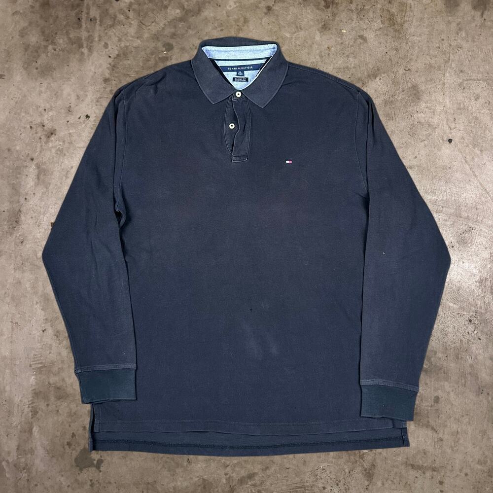 Tommy Hilfiger Long Sleeve Cotton Pique Polo Shirt Classic Fit Black Men Size XL